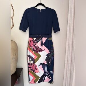 Ted Baker Women Casual Formal Navy Blue, Pink With Flower Fit Dress Size 2- US4